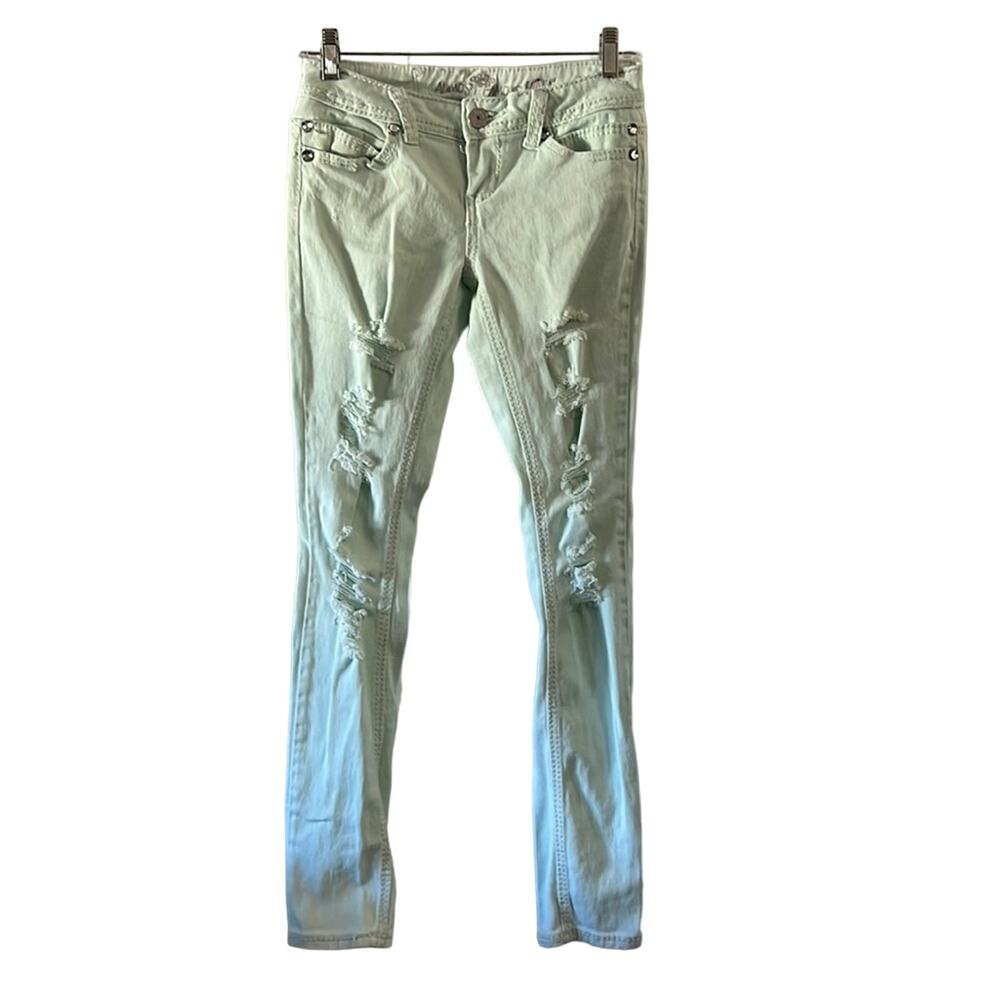 Almost Famous Light Mint Green Distressed low Rise Jeans with Holes Size 3